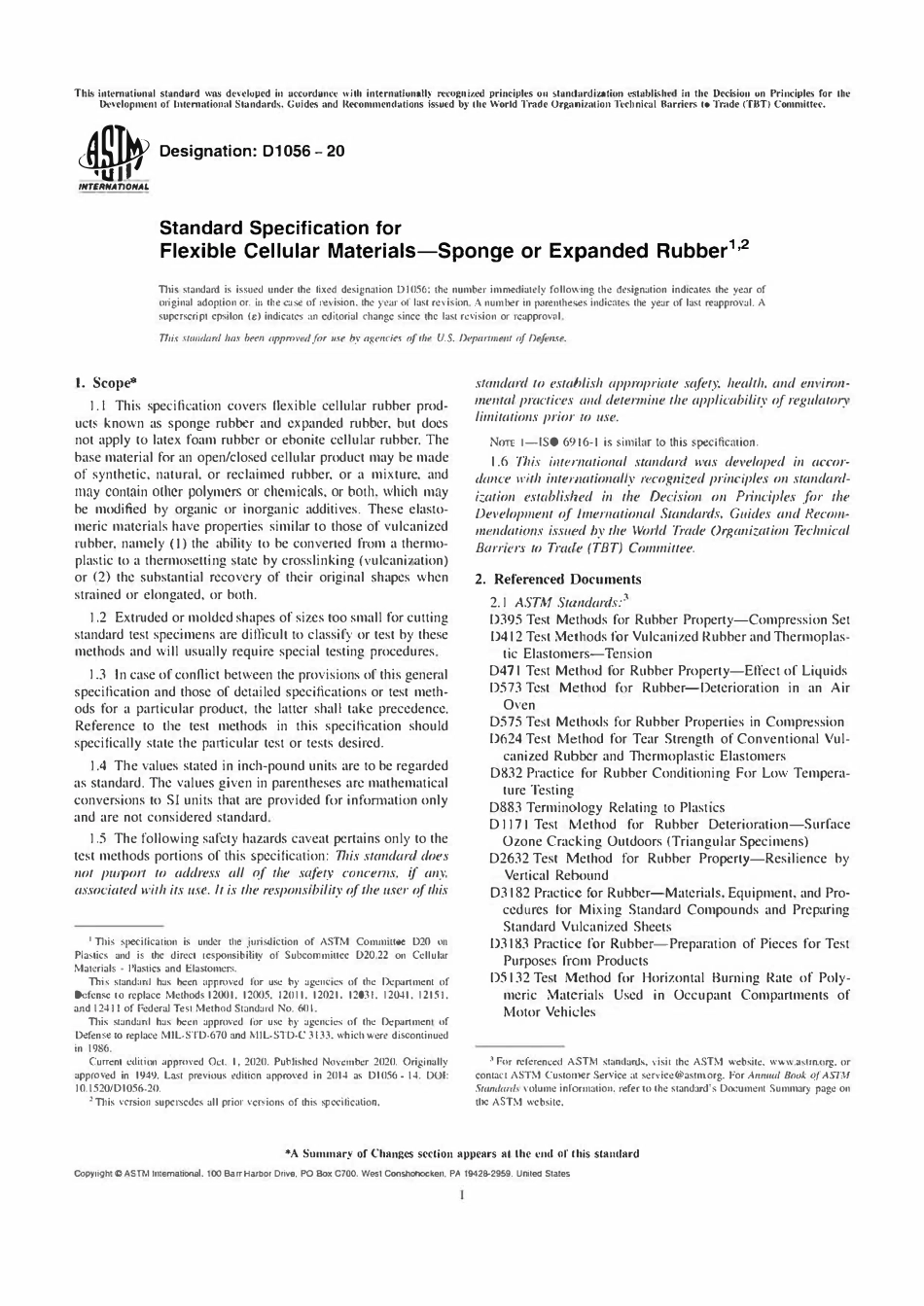 ASTM D1056-20 (ASTM)柔性细胞材料-海绵或膨胀Rubber1，2.pdf_第1页