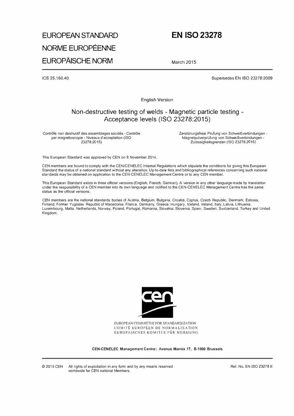 EN ISO 23278-2015 焊接的无损检测-磁粉检测-验收等级（英文版）.pdf_第1页