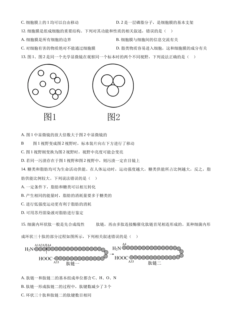 广西部分名校2024-2025学年高一上学期10月联合检测试题 生物含答案.docx_第3页