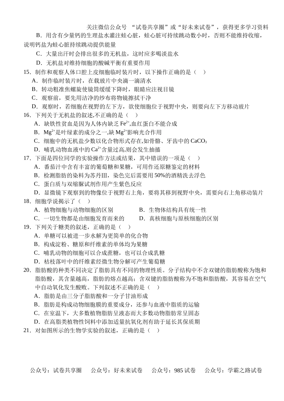 湖北省荆州市沙市区沙市中学2024-2025学年高一上学期9月月考生物试题.docx_第3页