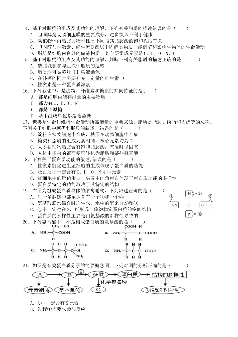 山东省济南市第一中学2024-2025学年高一上学期10月学情检测试题 生物含答案.docx_第3页
