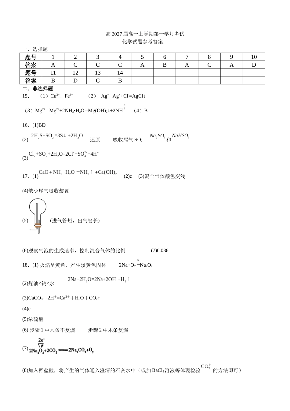 四川省泸州市泸县第五中学2024-2025学年高一上学期10月月考化学试题答案.docx_第1页
