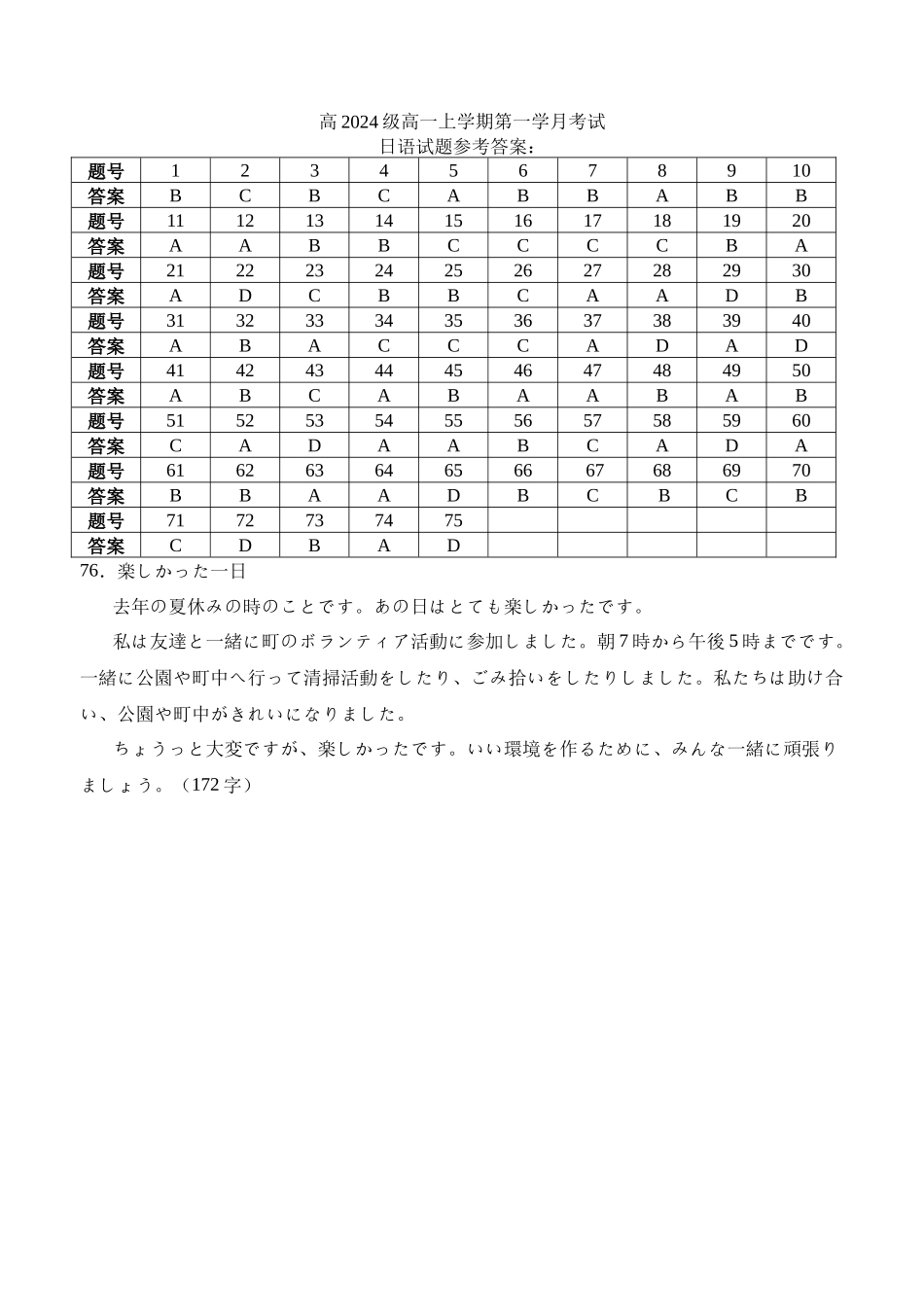 四川省泸州市泸县第五中学2024-2025学年高一上学期10月月考日语试题答案.docx_第1页