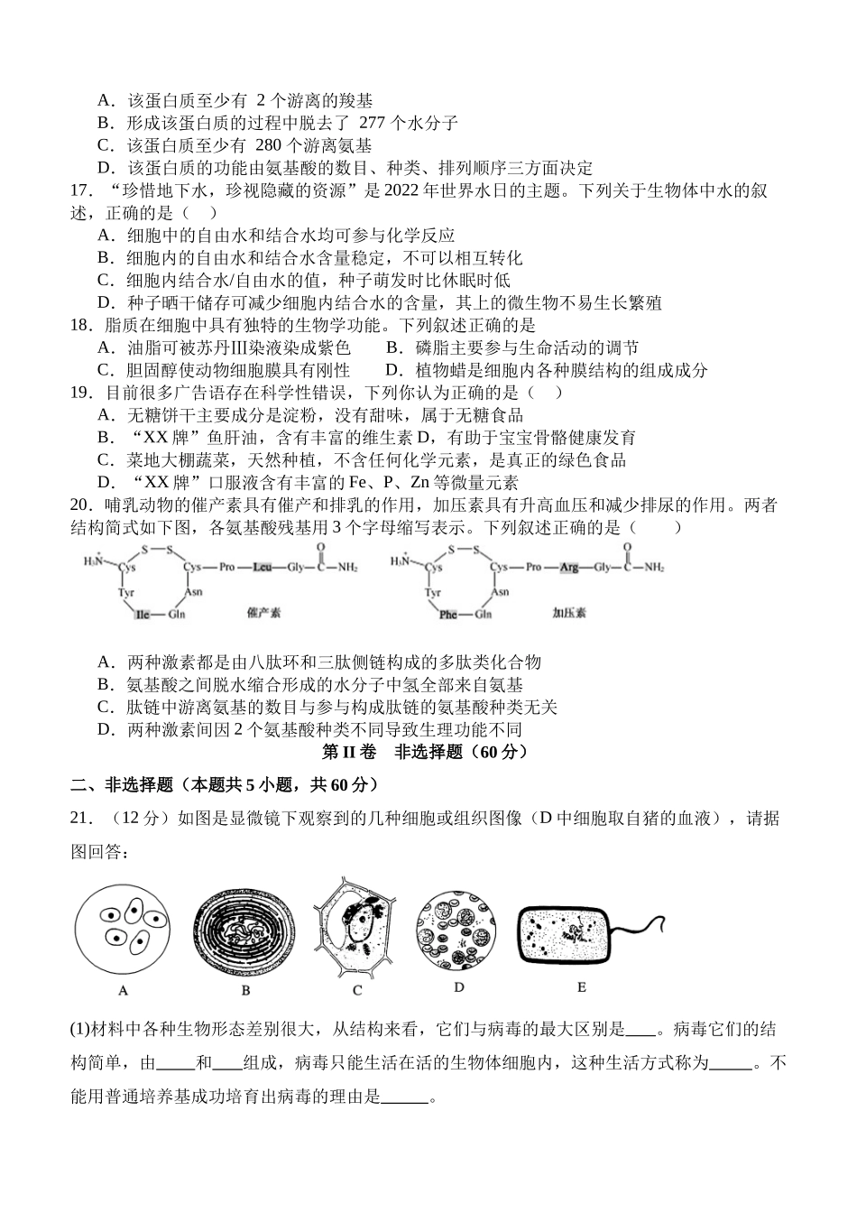 四川省泸州市泸县第五中学2024-2025学年高一上学期10月月考生物试题.docx_第3页