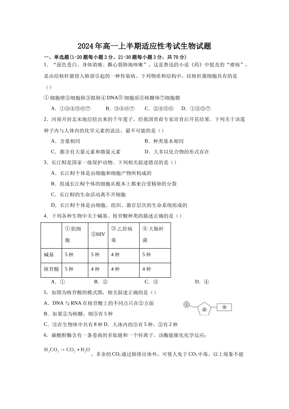 四川省遂宁市遂宁中学2024-2025学年高一上学期11月期中考试生物试题含答案.docx_第1页