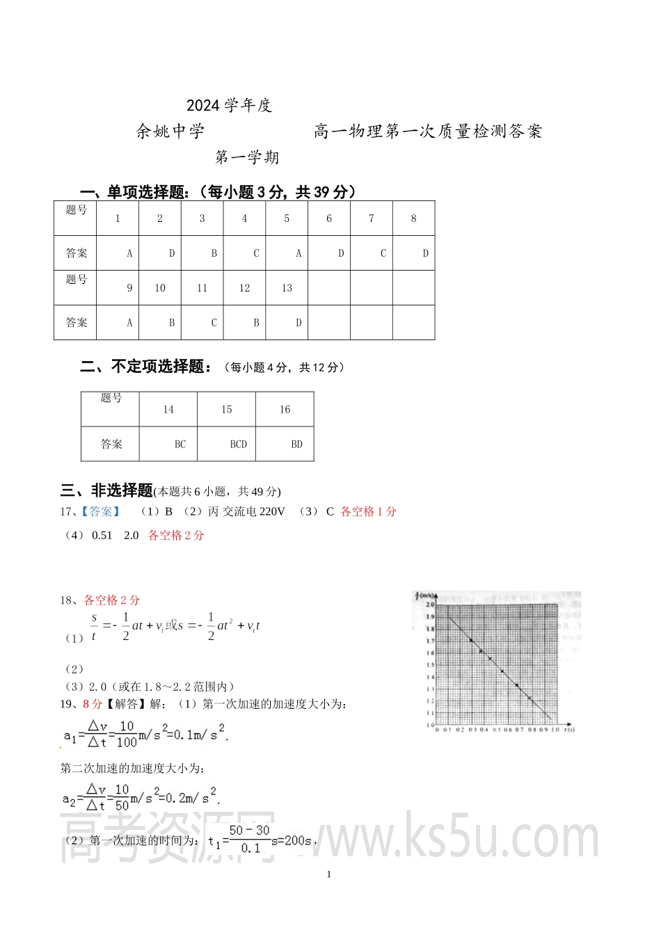 余姚中学2024学年第一学期质量检测高一物理答案.doc_第1页
