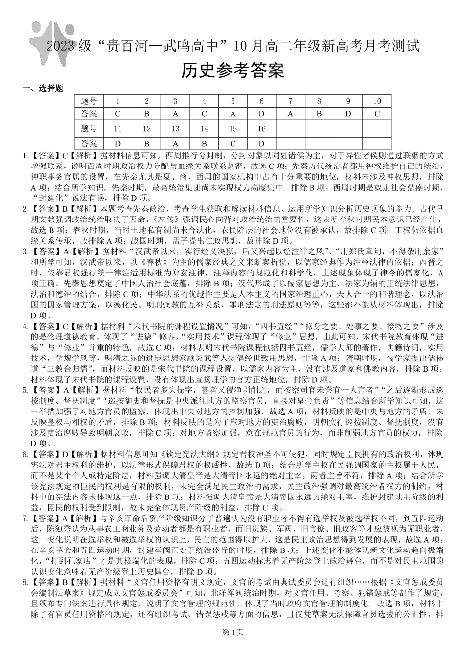 【广西卷】【高二】广西壮族自治区“贵百河-武鸣高中”2024年10月高二年级新高考月考试卷（10.15-10.17）历史试卷答案.pdf_第1页