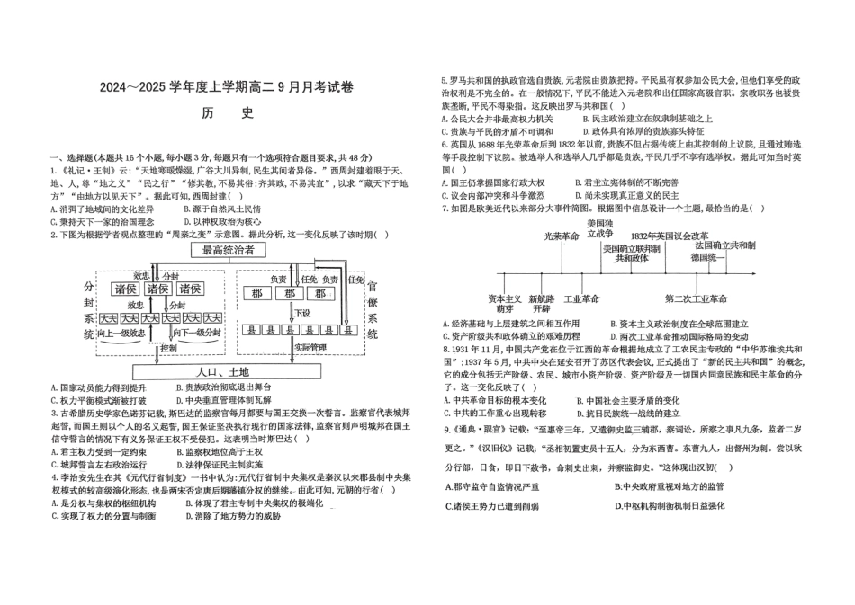 黑龙江省绥化市绥棱县第一中学2024-2025学年高二上学期9月月考历史试题.pdf_第1页