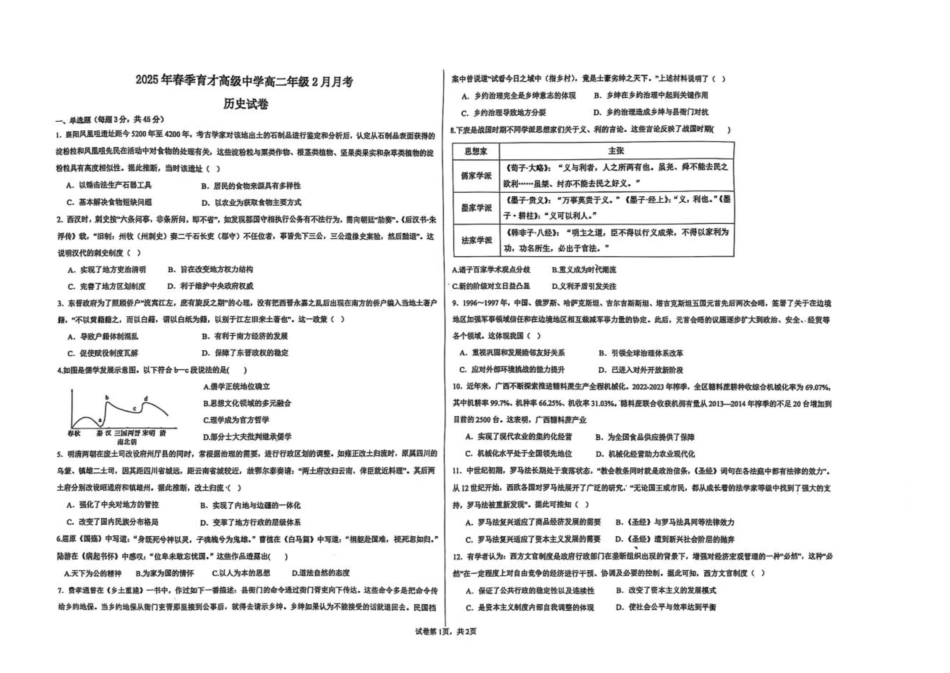 湖北省黄冈市黄梅县育才高级中学2024-2025学年高二下学期2月月考历史试卷.pdf_第1页