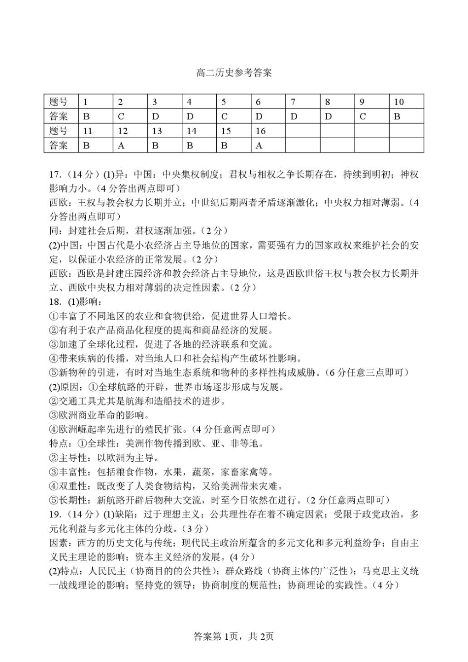 吉林省八校联考2024-2025学年高二上学期1月期末考试历史答案.pdf_第1页