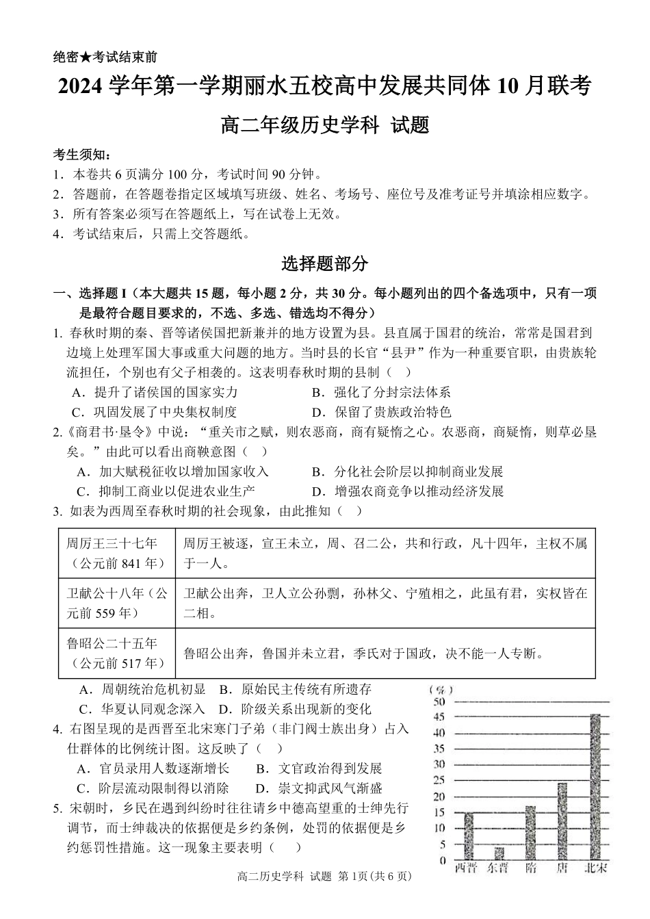 丽水五校高中发展共同体2024学年高二第一学期10月联考+历史.pdf_第1页