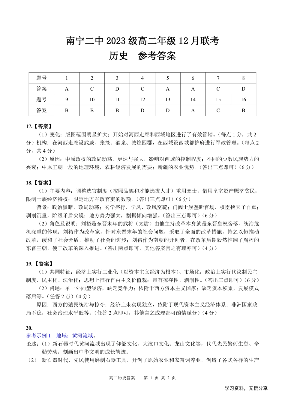 南宁二中2024-12月考高二历史答案.pdf_第1页