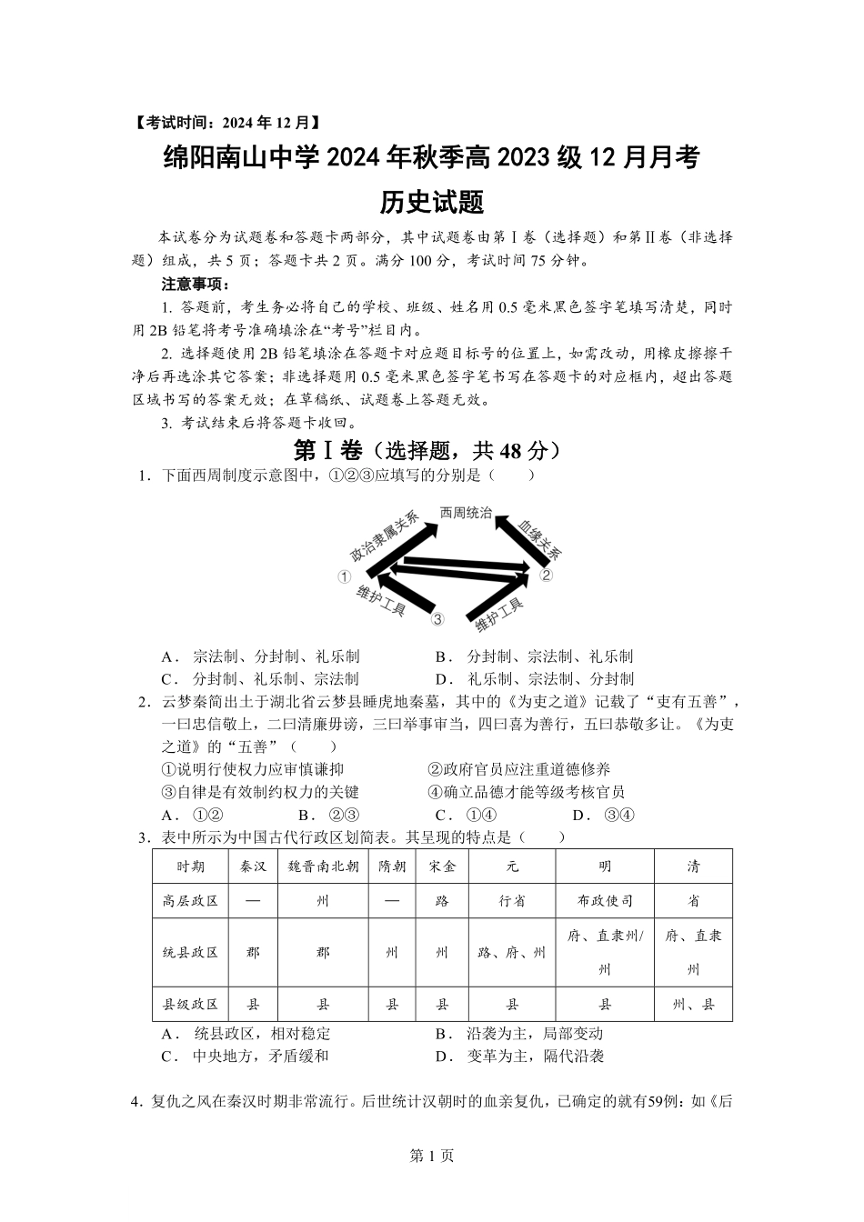 四川省绵阳市南山中学2024-2025学年高二上学期12月月考  历史试题.pdf_第1页