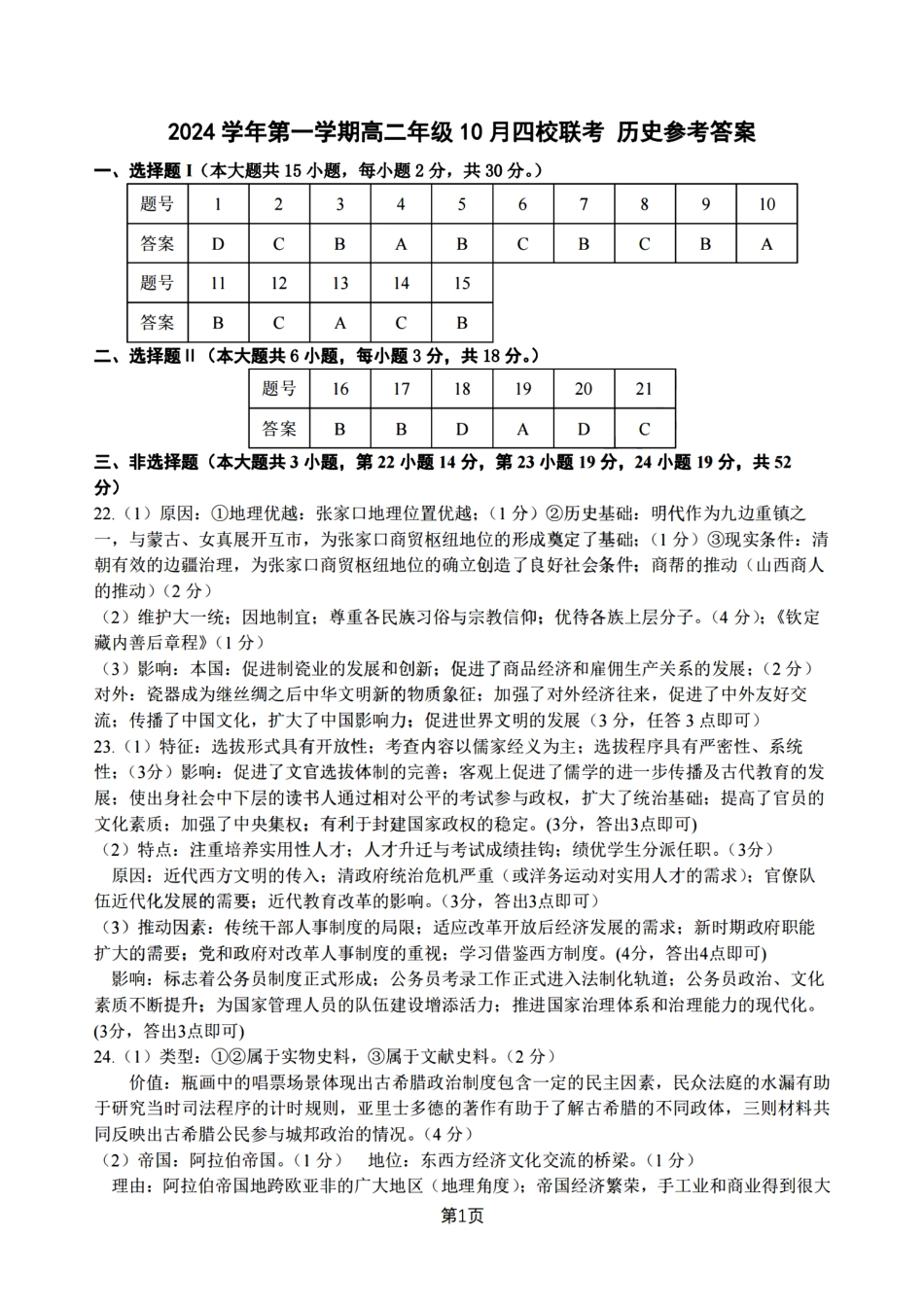 浙江省2024学年第一学期高二年级10月四校联考+历史答案.pdf_第1页