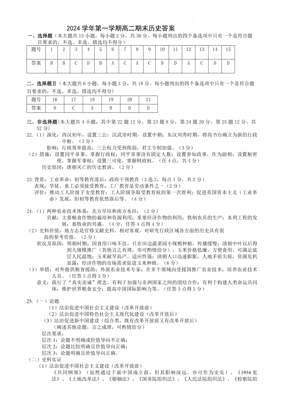 浙江省宁波市慈溪市2024-2025学年高二上学期期末考试 历史答案.pdf_第1页