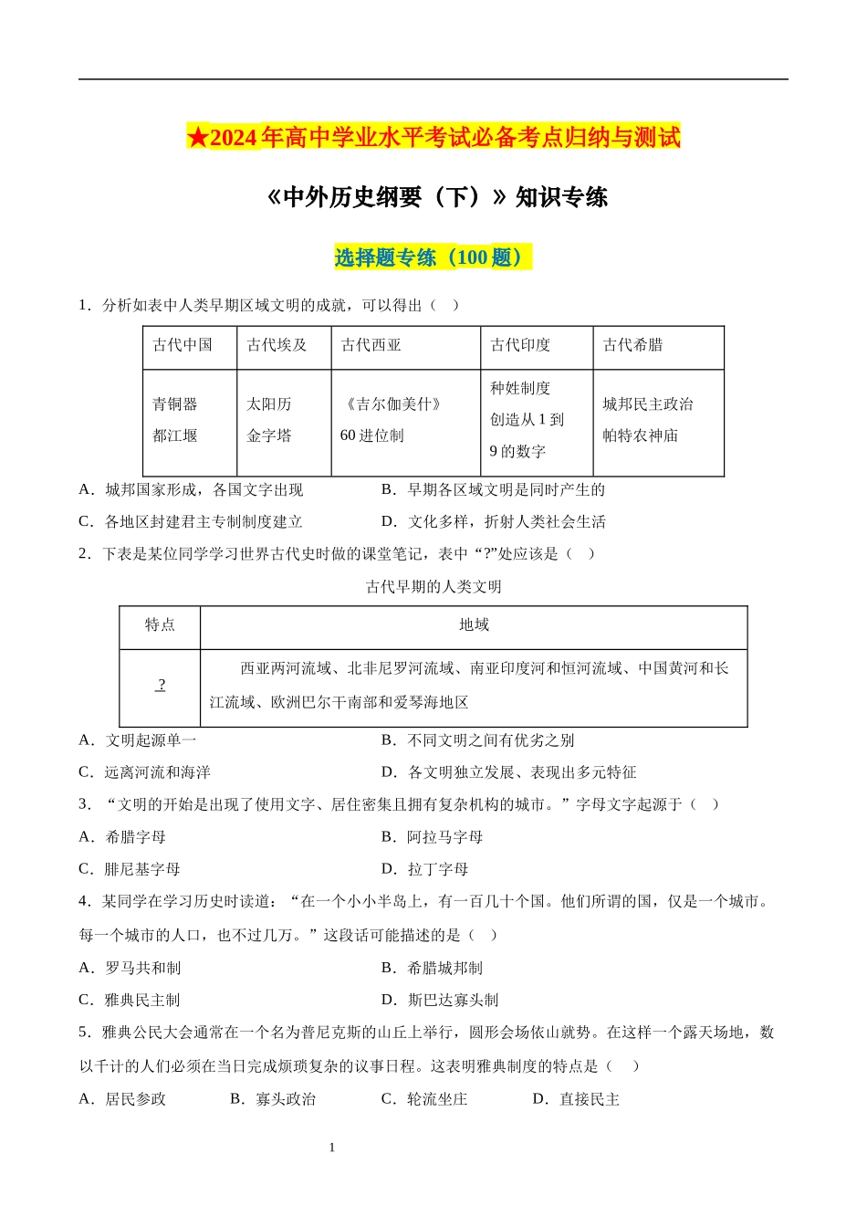 【2023年秋最新版】中外历史纲要下册（选择题100题）-【学考复习】2024年高中历史学业水平考试必备考点归纳与测试（新教材专用）.docx_第1页