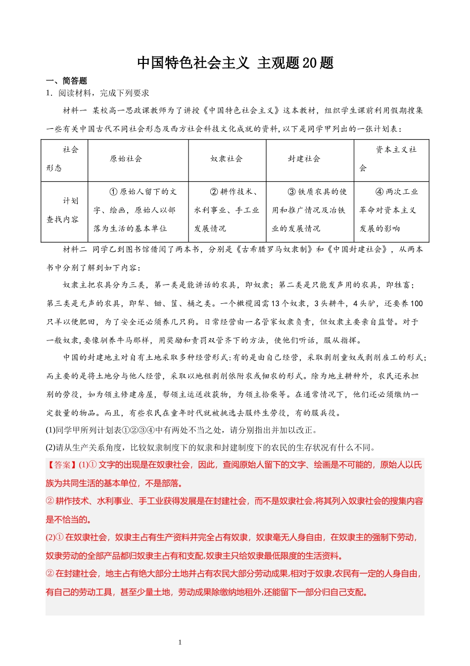 必修一《中国特色社会主义》（ 主观题20道）（解析版）.docx_第1页