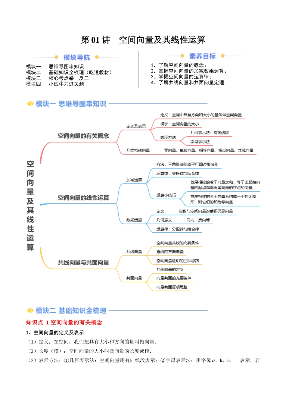 第01讲 空间向量及其线性运算（思维导图+4知识点+6考点+过关检测）（原卷版）.docx_第1页