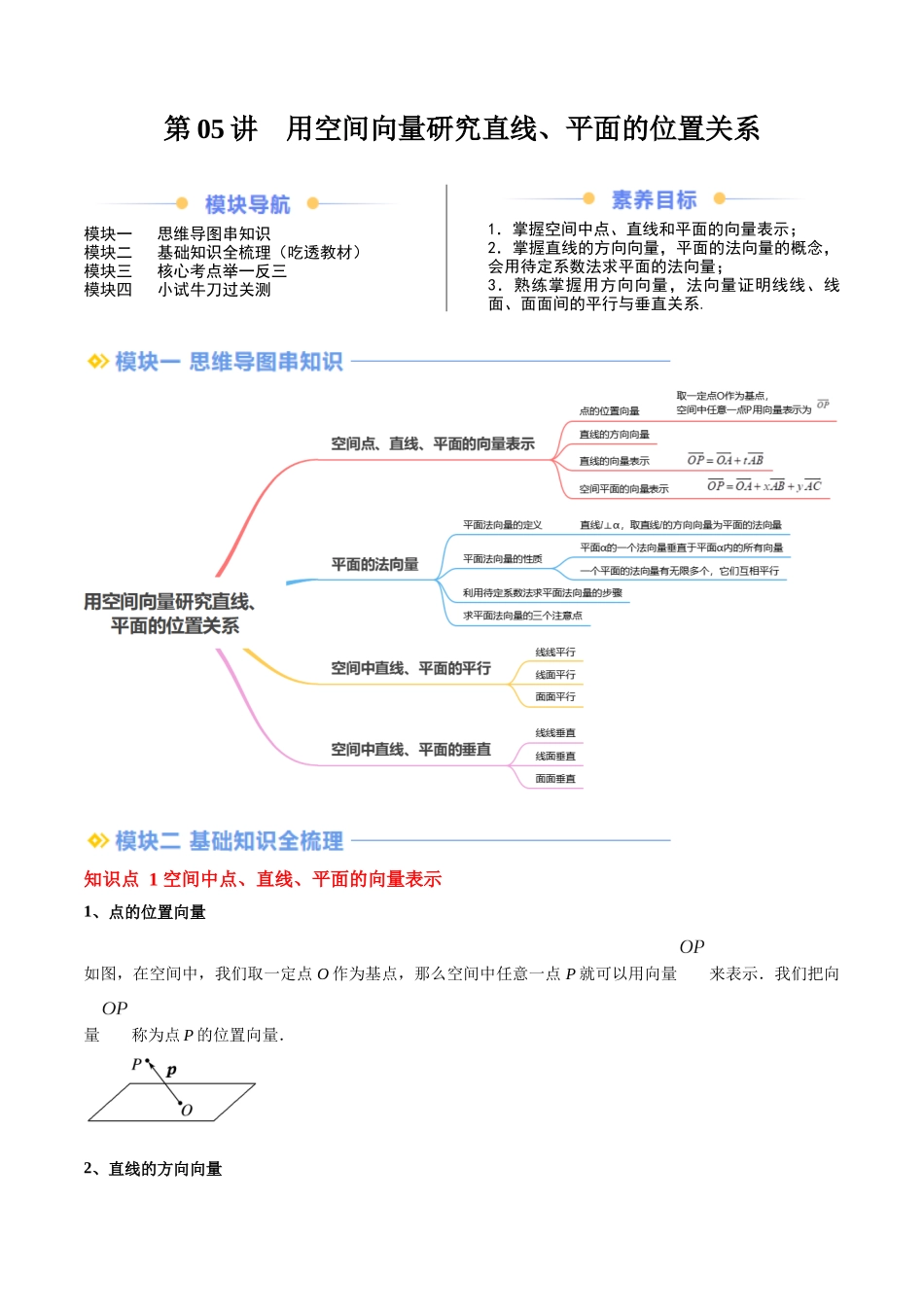 第05讲 用空间向量研究直线、平面的位置关系（思维导图+4知识点+6考点+过关检测）（原卷版）.docx_第1页