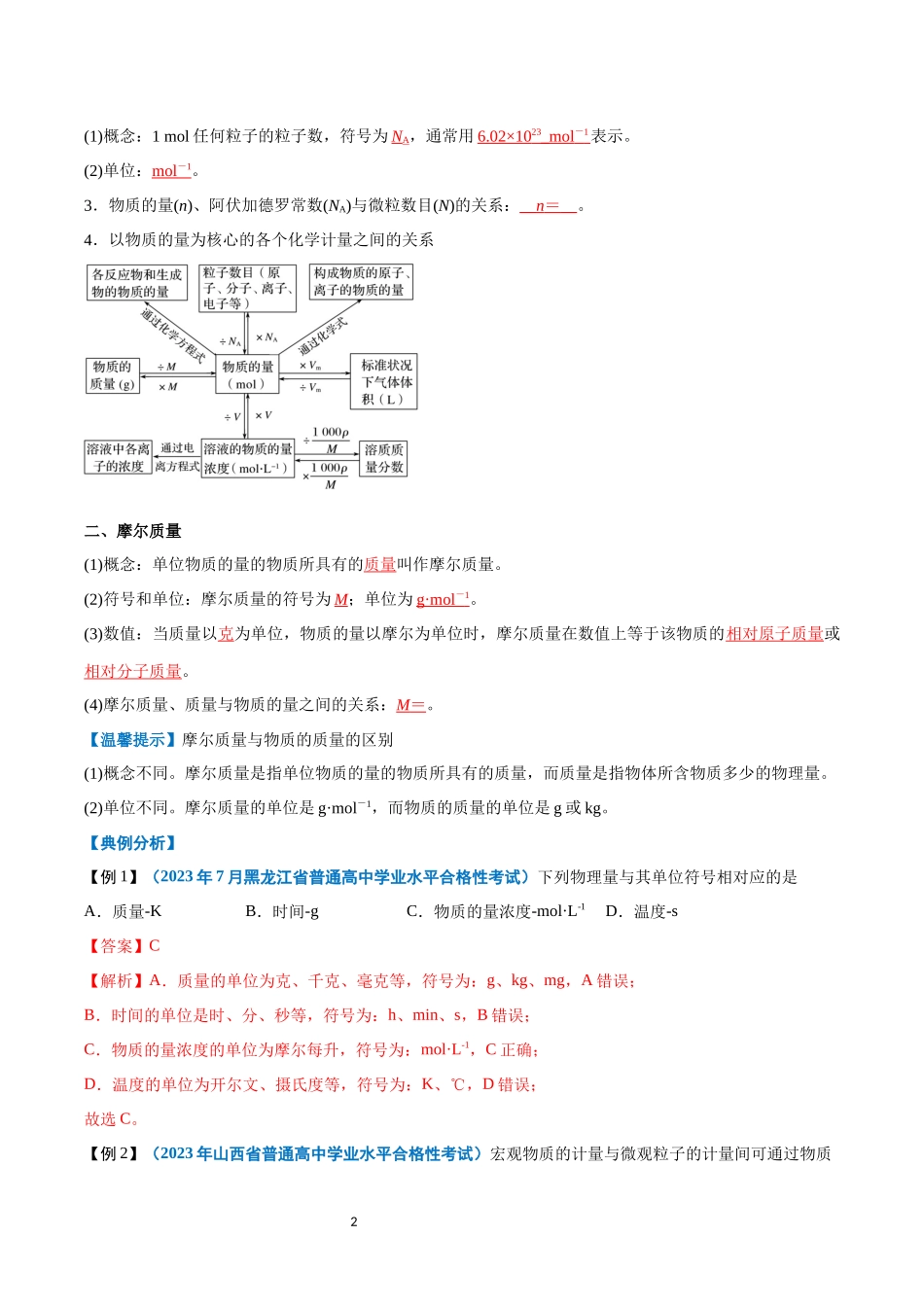 第06讲 物质的量-【学考复习】2024年高中化学学业水平考试必备考点归纳与测试（新教材专用）（解析版）.docx_第2页