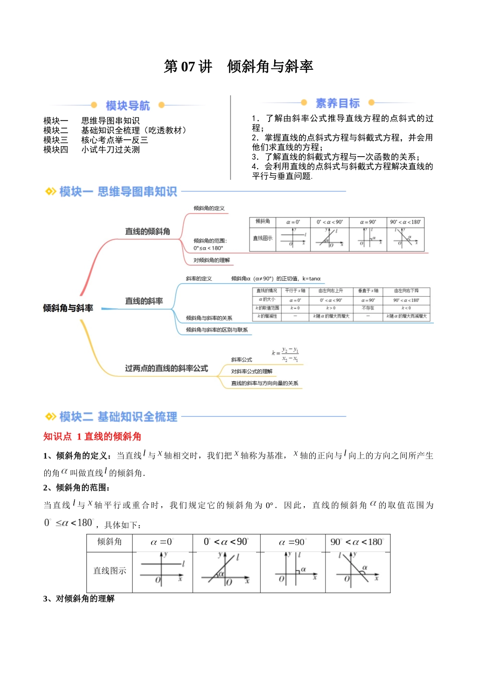 第07讲 倾斜角与斜率（思维导图+3知识点+8考点+过关检测）（解析版）.docx_第1页
