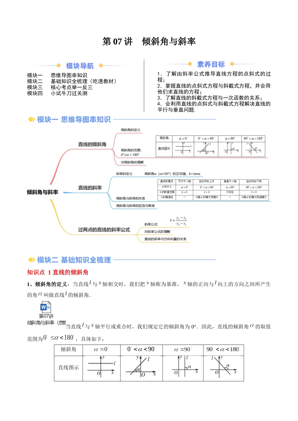 第07讲 倾斜角与斜率（思维导图+3知识点+8考点+过关检测）（原卷版）.docx_第1页