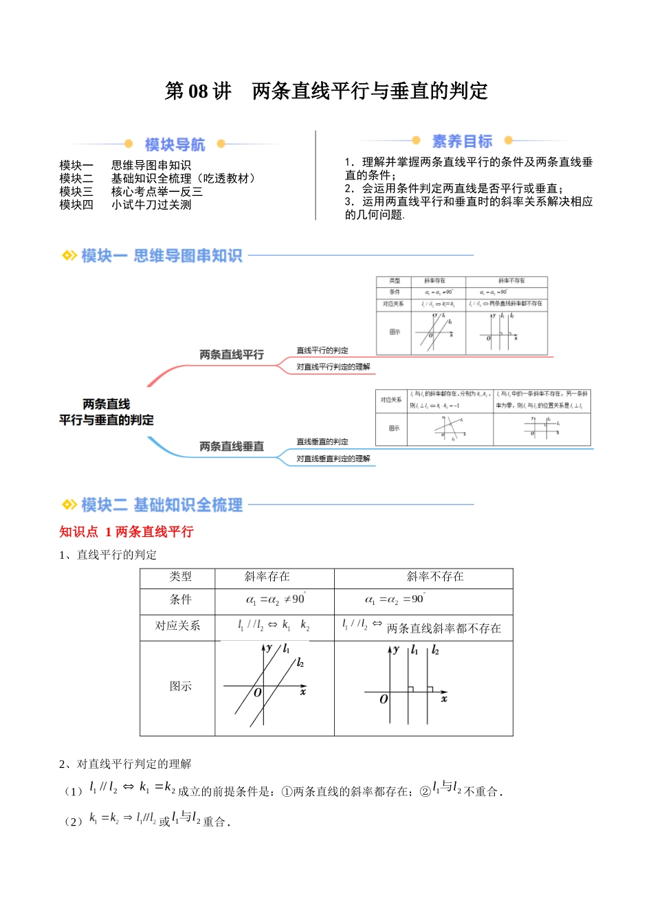 第08讲 两条直线平行与垂直的判定（思维导图+2知识点+6考点+过关检测）（原卷版）.docx_第1页