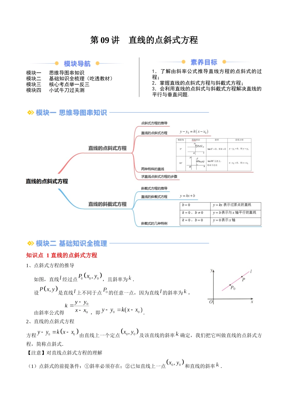 第09讲 直线的点斜式方程（思维导图+2知识点+4考点+过关检测）（解析版）.docx_第1页