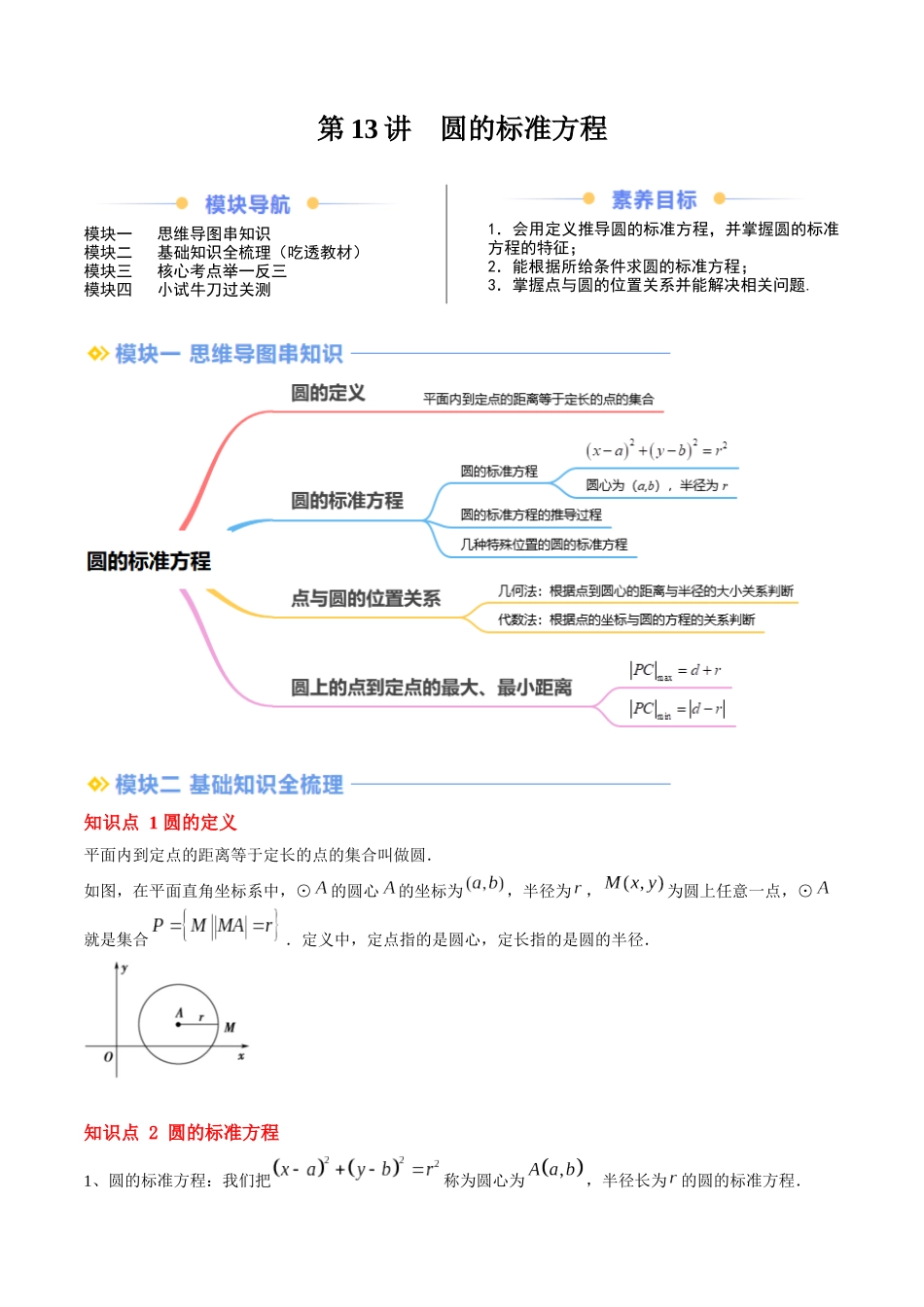 第13讲 圆的标准方程（思维导图+4知识点+4考点+过关检测）（解析版）.docx_第1页