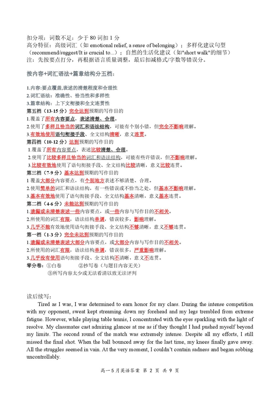 湖北省云学联盟2024-2025学年高一下学期5月月考英语评分细则.pdf_第2页