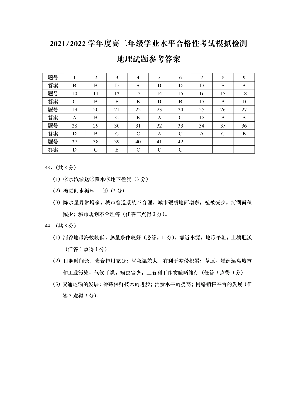 江苏省盐城市2021-2022学年高二学业水平合格性考试模拟检测地理试题参考答案.pdf_第1页