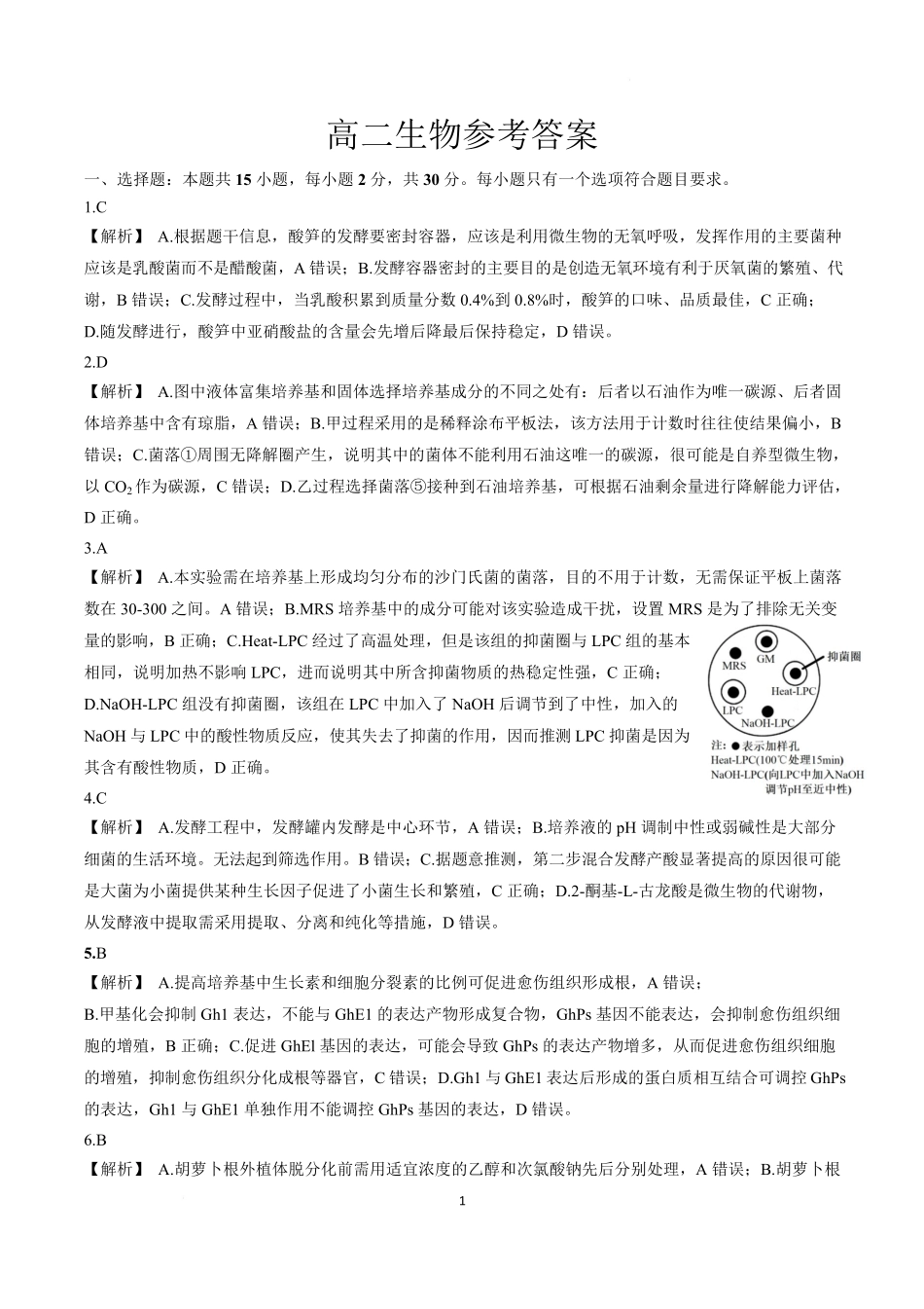 山东名校考试联盟2024—2025学年高二年级生物学学期中试题 1_山东名校考试联盟——高二生物参考答案.pdf_第1页