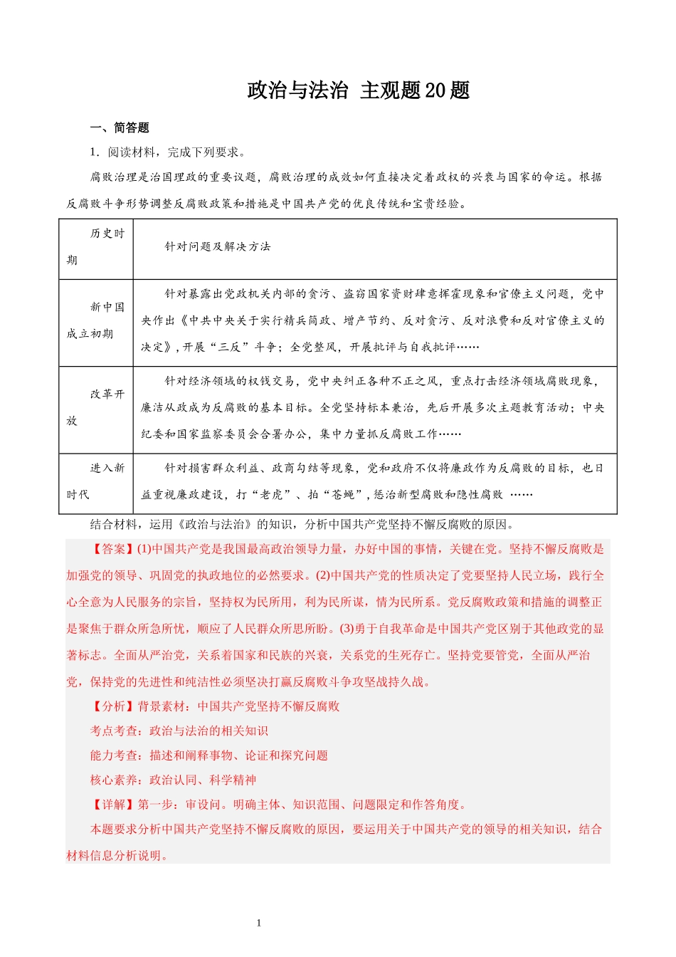 政治与法治 主观题20题（解析版）--2024年高中政治学业水平测试（统编版 全国通用）.docx_第1页