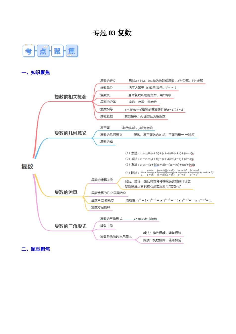 专题03 复数（思维导图+知识串讲+10题型+过关检测）（解析版）.docx_第1页
