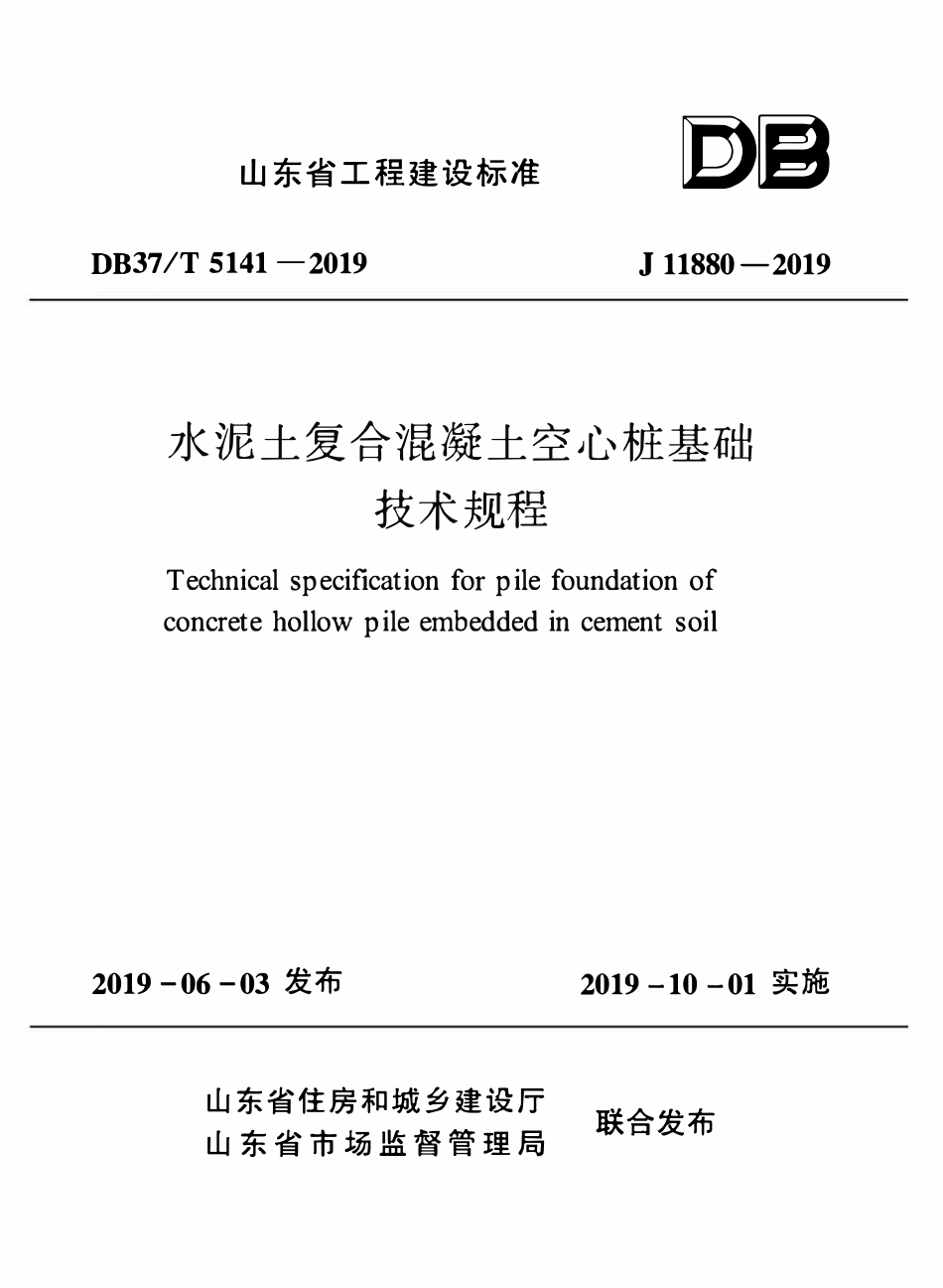 DB37T5141-2019 水泥土复合混凝土空心桩基础技术规程（山东）.pdf_第1页