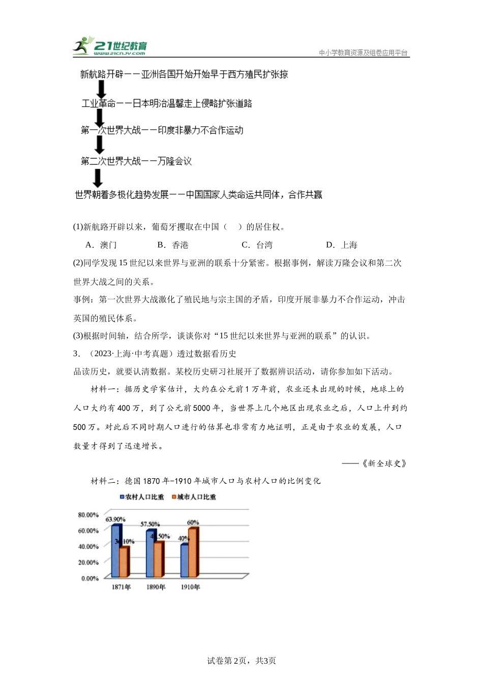（上海专用）中考历史真题汇编： 综合材料题- 5年（2020-2024）中考真题+1年模拟真题汇编(1).docx_第2页