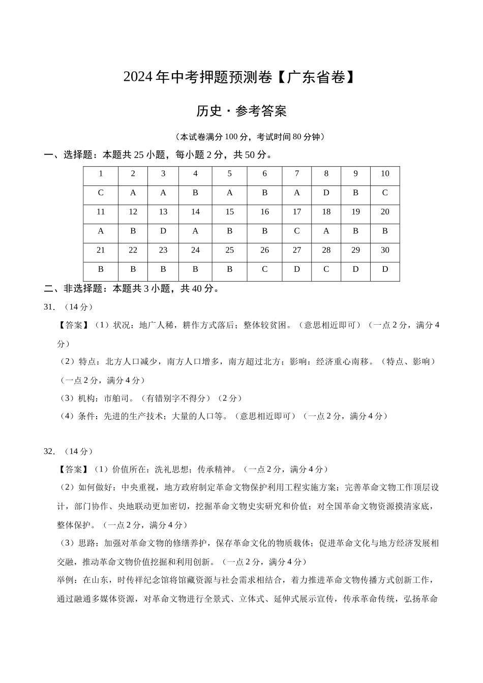 2024年中考押题预测卷（广东省卷）-历史（参考答案）(1).docx_第1页