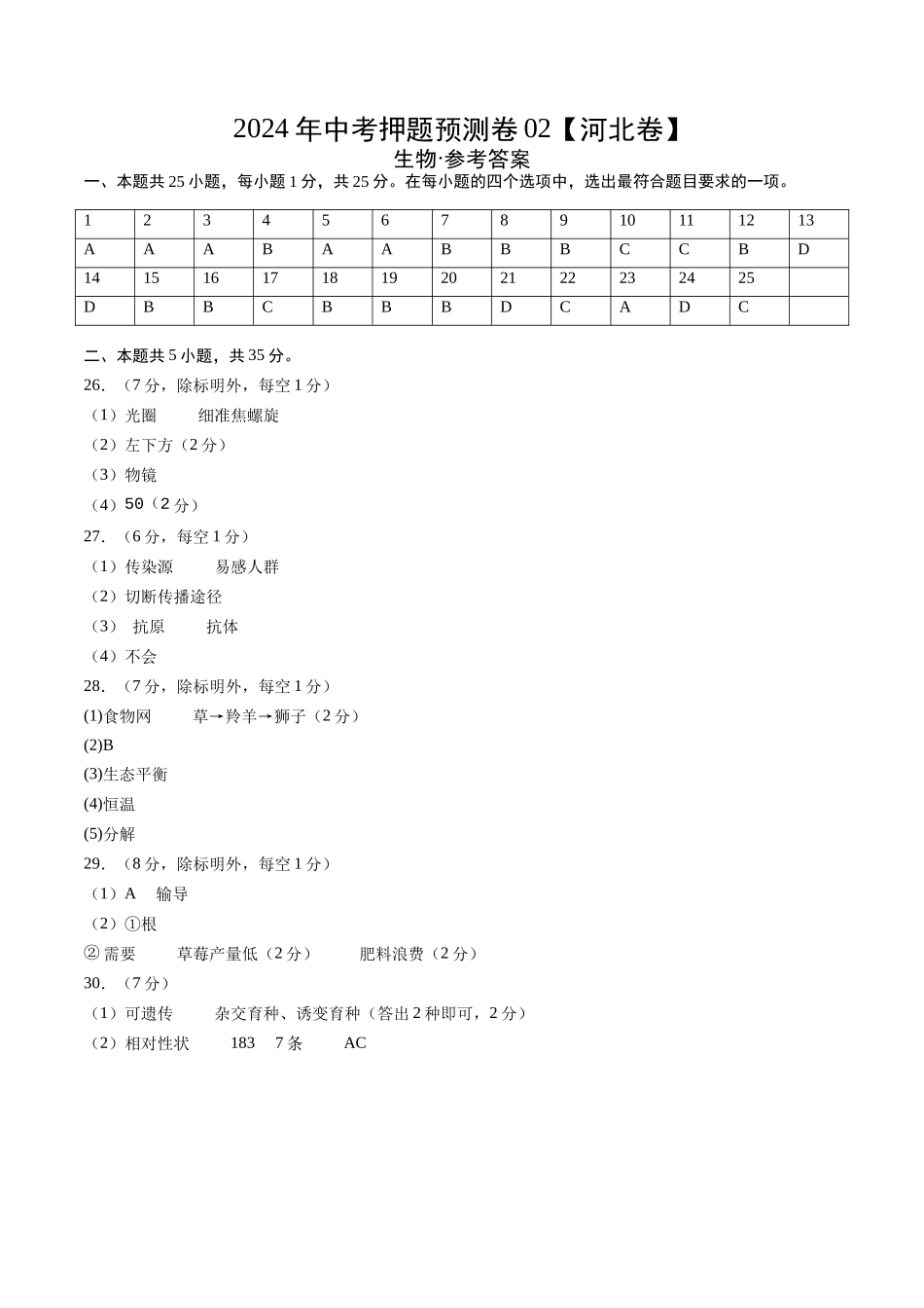 2024年中考押题预测卷（河北卷02）-生物（参考答案及评分标准）(1).docx_第1页