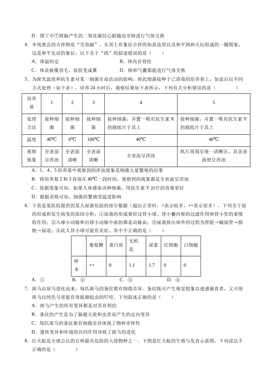 2024年中考押题预测卷（湖北卷）-生物（考试版）A4(1).docx_第2页