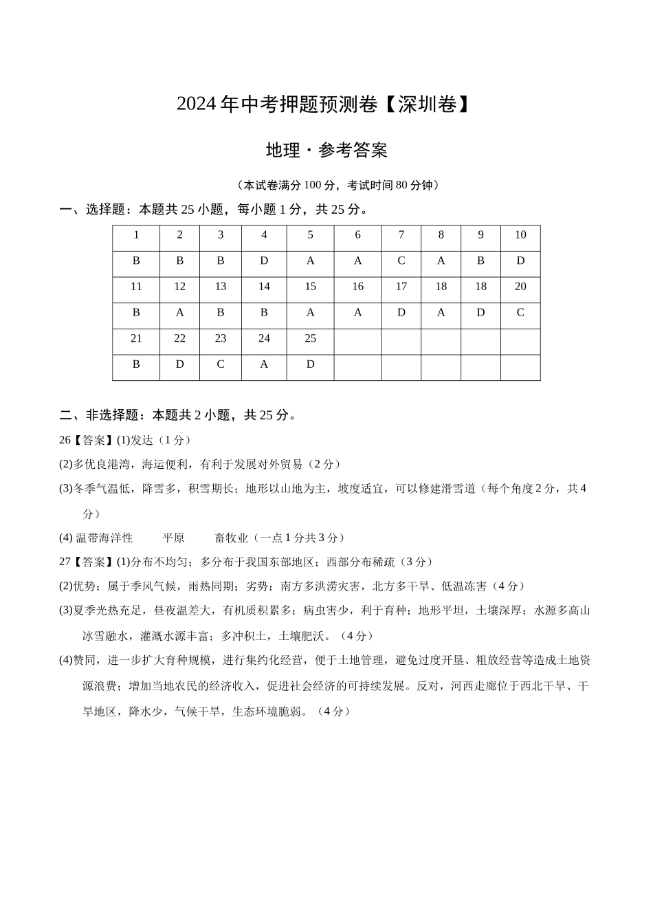 2024年中考押题预测卷（深圳卷）-地理（参考答案）(1).docx_第1页