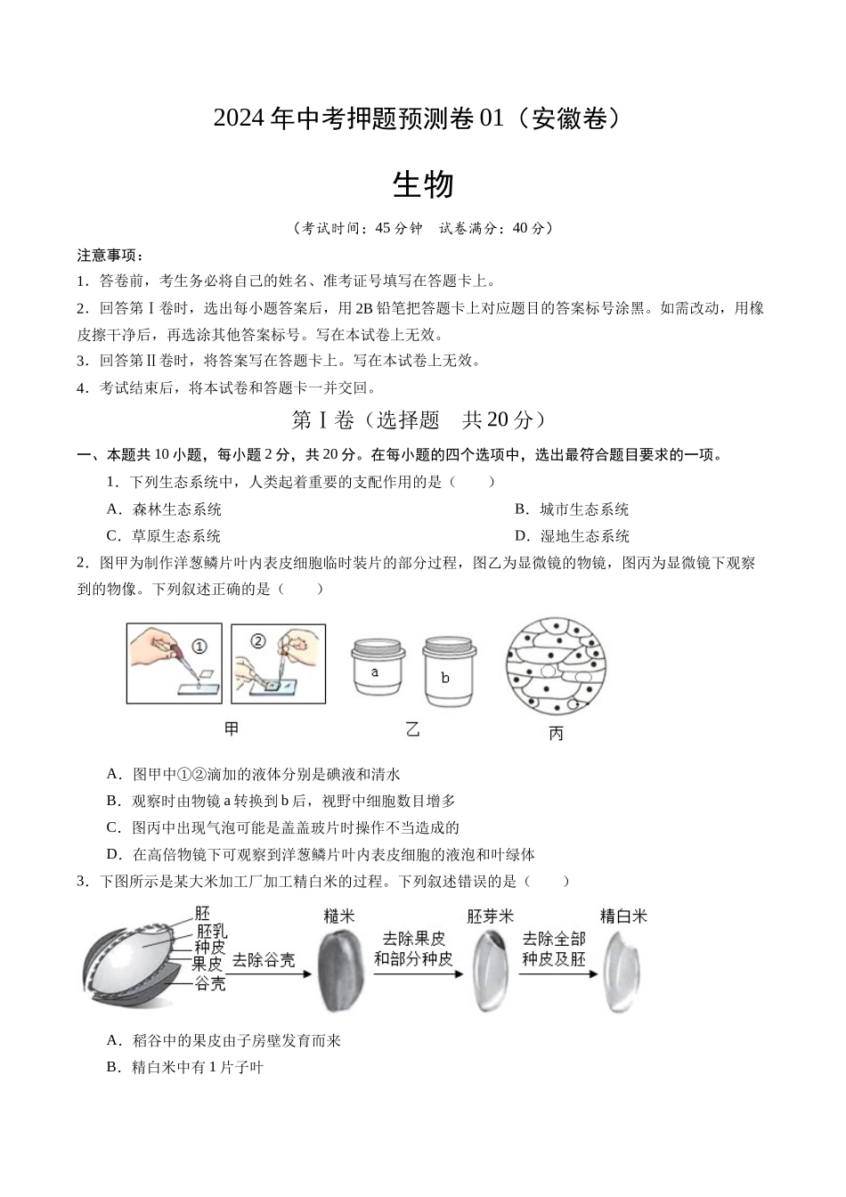2024年中考押题预测卷01（安徽卷）-生物（考试版A4）(1).docx_第1页