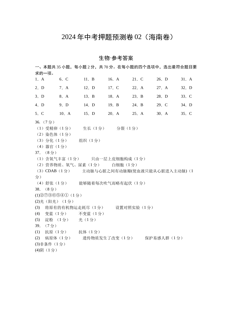 2024年中考押题预测卷02（海南卷）-生物（参考答案及评分标准）.docx(1).docx_第1页