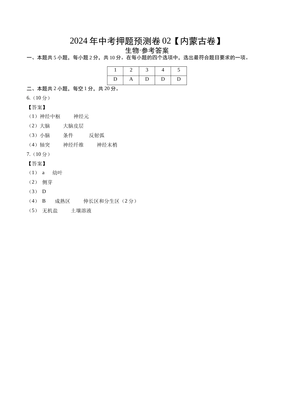 2024年中考押题预测卷02（内蒙古卷）-生物（参考答案及评分标准）(1).docx_第1页