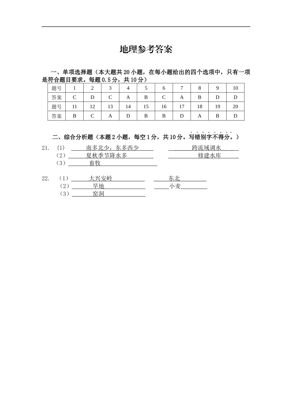 地理 （答案及评分标准）(1).docx_第1页