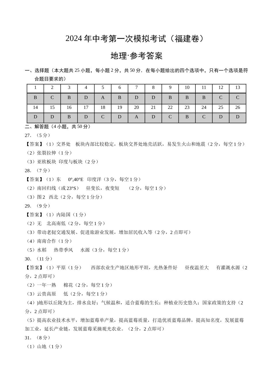 地理（福建卷）（参考答案及评分标准）(1).docx_第1页