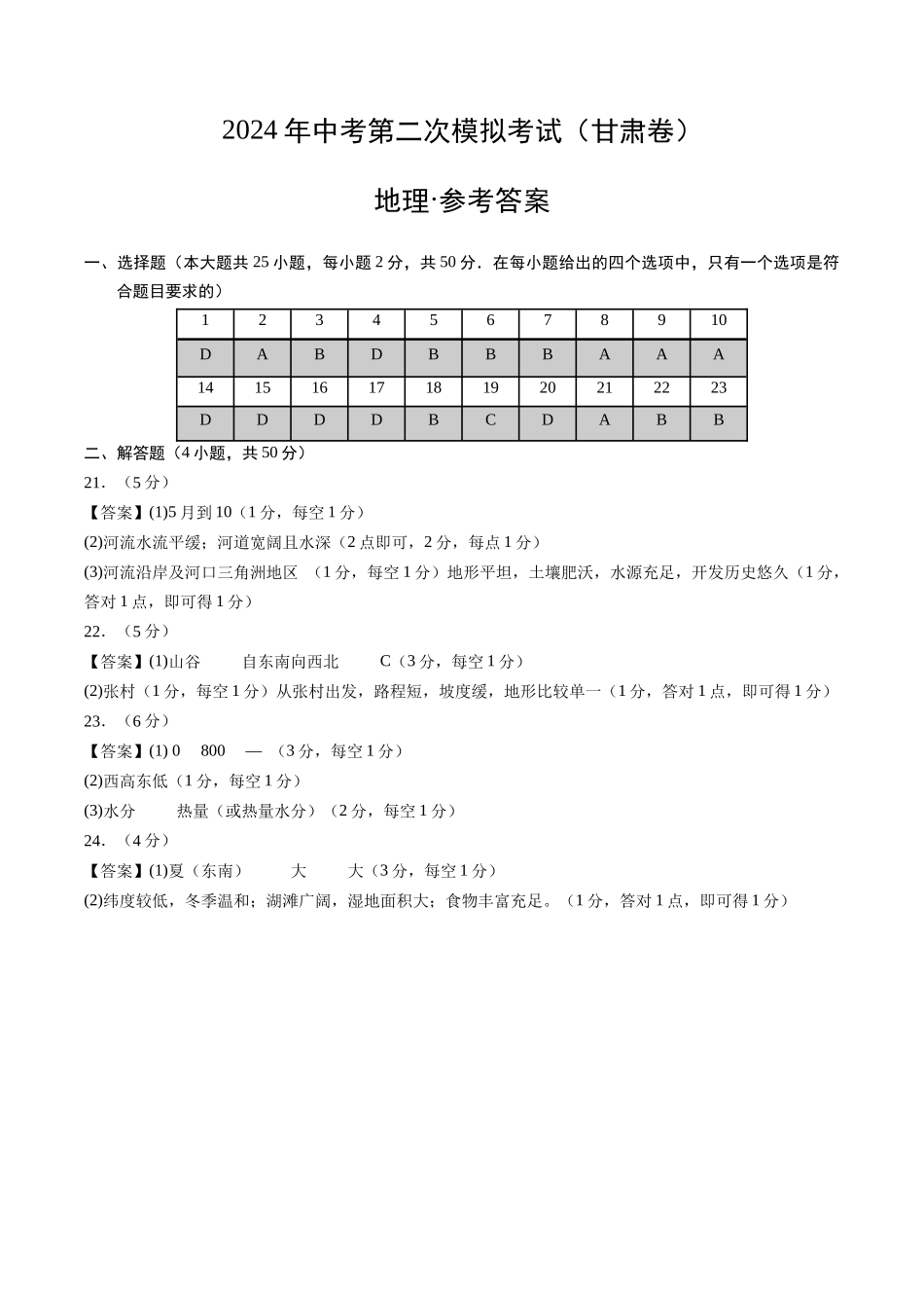 地理（甘肃卷）（参考答案及评分标准）(1).docx_第1页