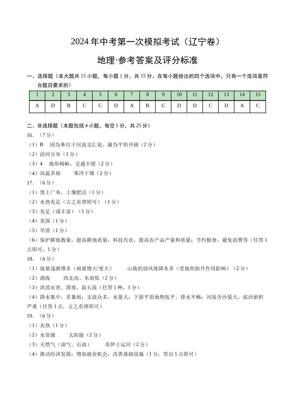 地理（辽宁卷）（参考答案及评分标准）(1).docx_第1页