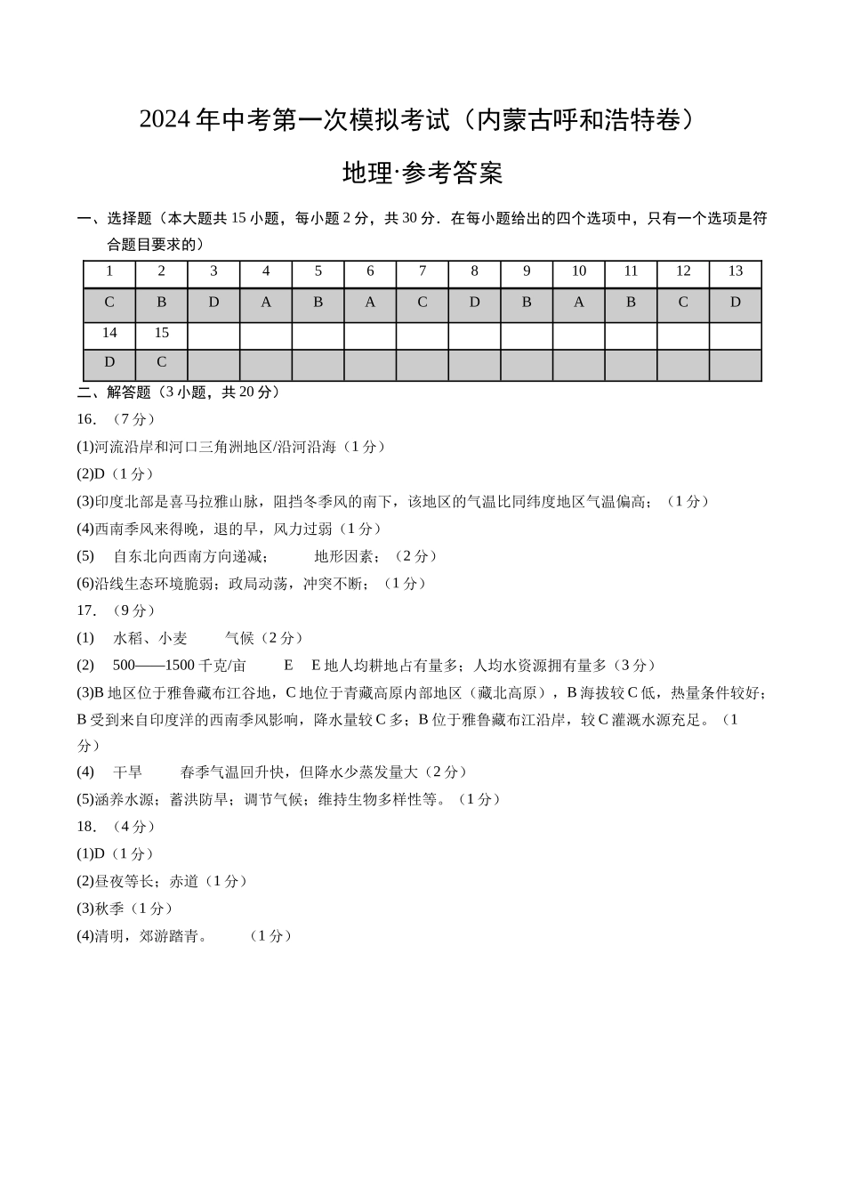 地理（内蒙古呼和浩特卷）（参考答案及评分标准）(1).docx_第1页