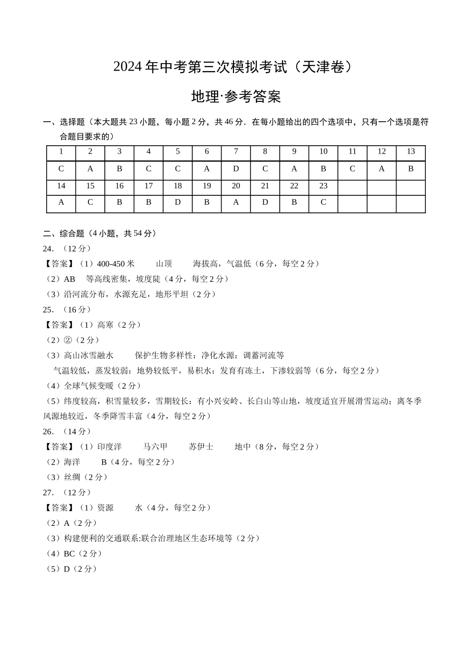 地理（天津卷）（参考答案及评分标准）(1).docx_第1页