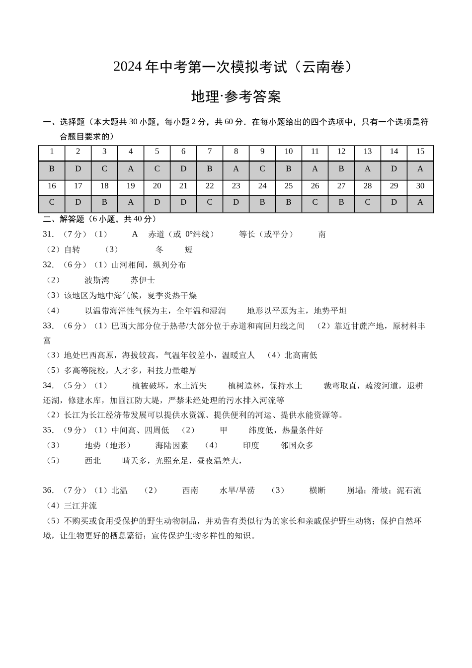 地理（云南卷）（参考答案及评分标准）(1).docx_第1页
